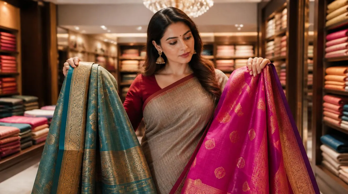 Woman deciding between handloom and machine made sarees