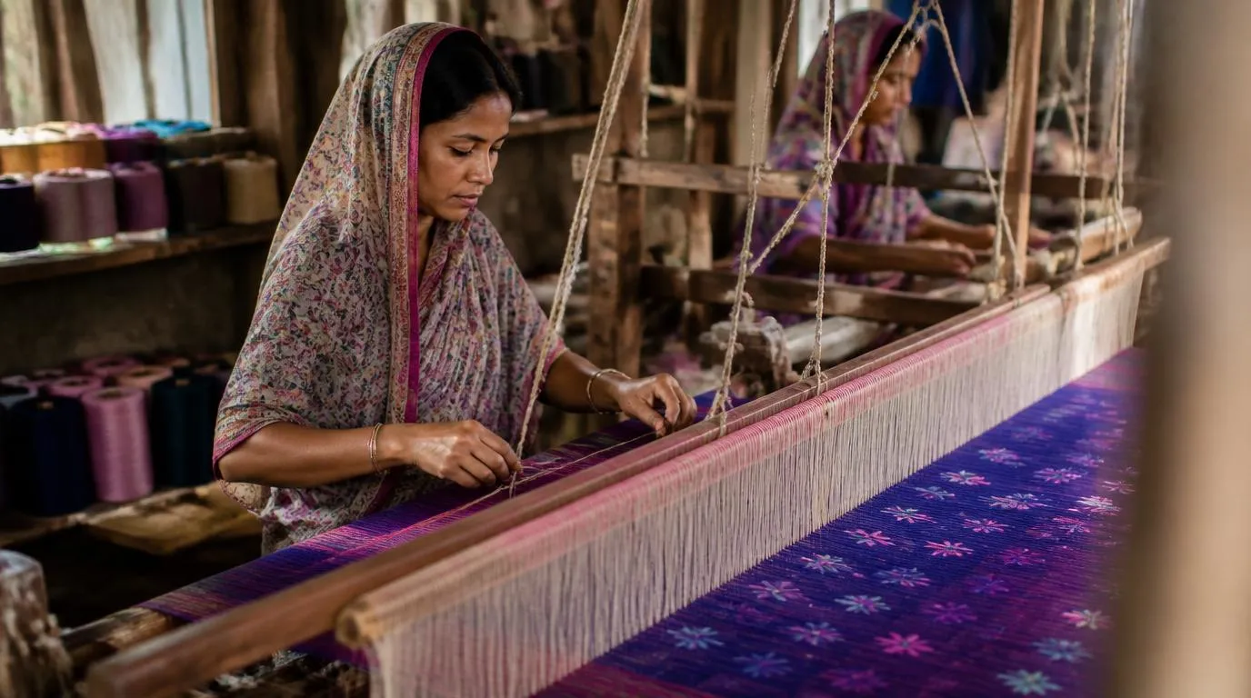 Master weaver working on a traditional pit loom for Jamdani