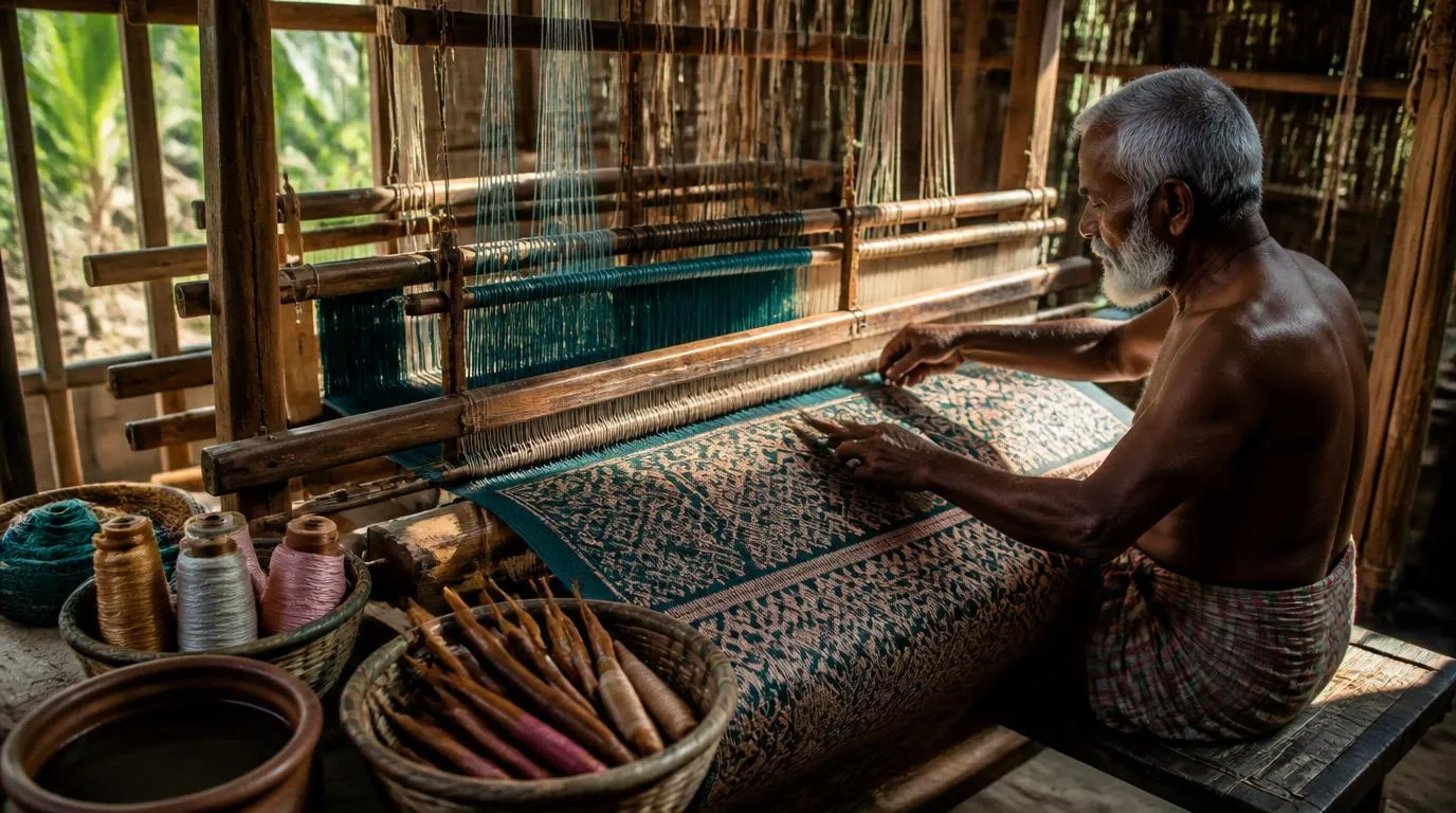 Close-up of a weaver's hands working on Jamdani motifs