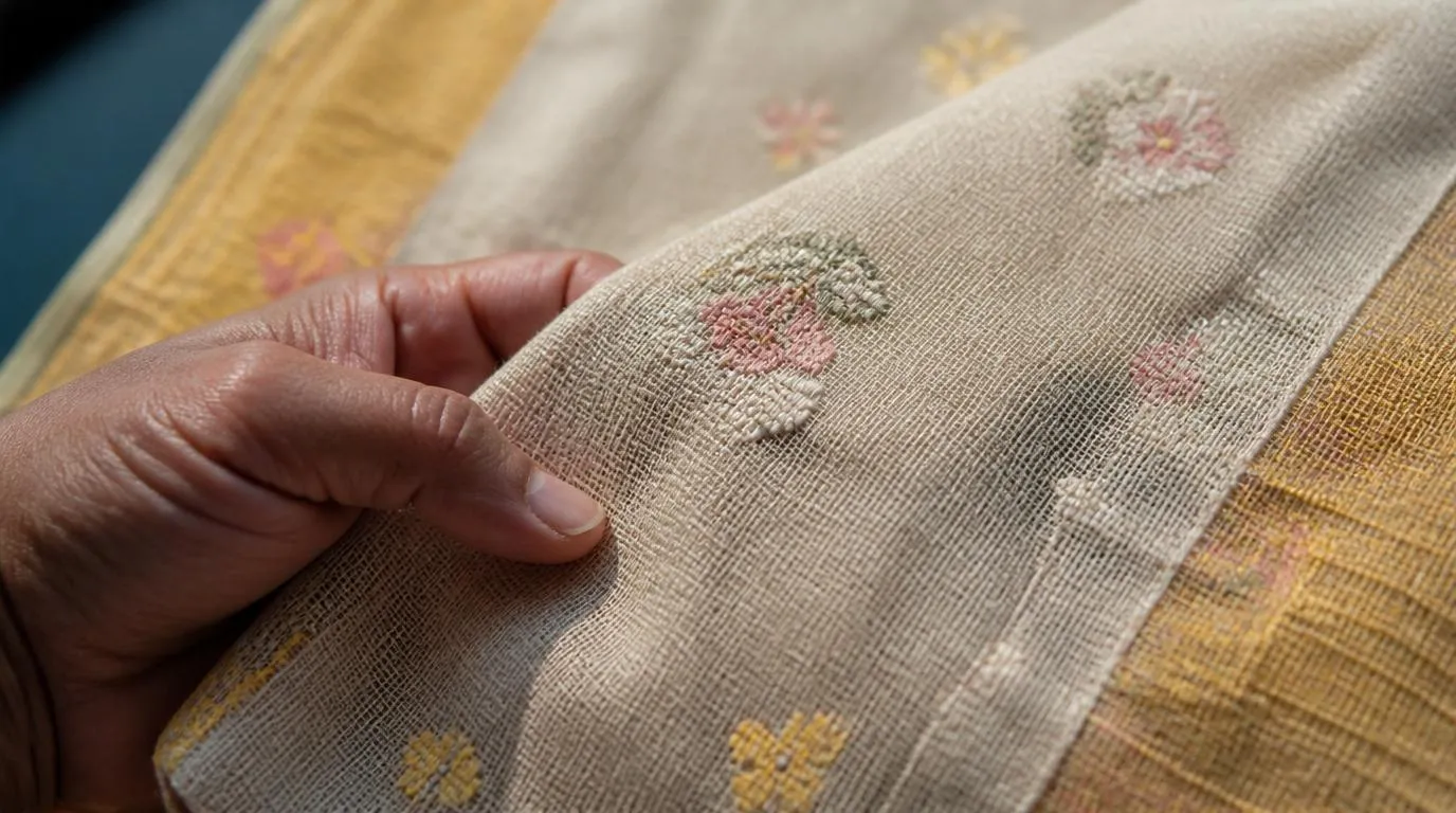 Checking the reverse side of a Jamdani saree