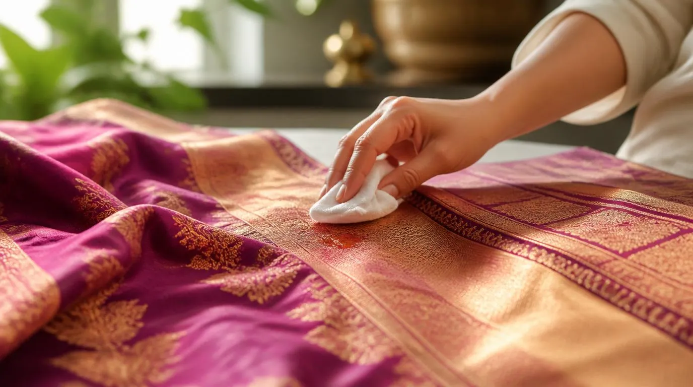 Applying talcum powder on an oil stain on silk