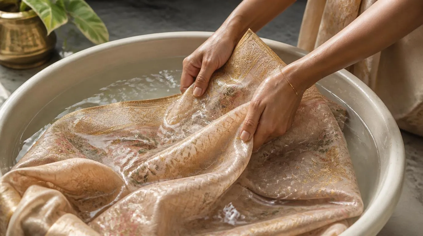 Hand washing silk saree in cold water with mild detergent